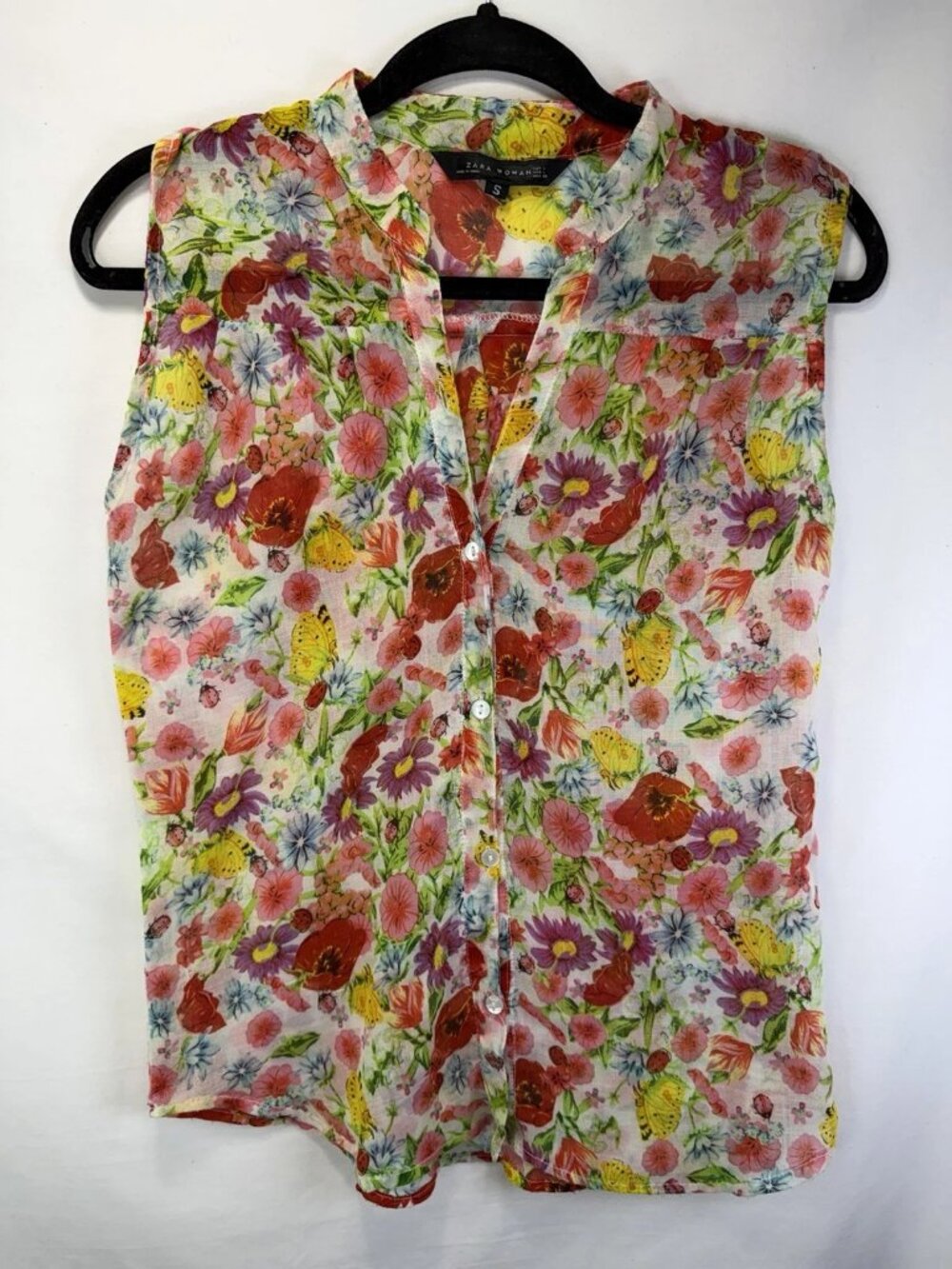 Zara Women Sleeveless Floral Semi Sheer Button Blouse Sz S Ladybug Floral Garden